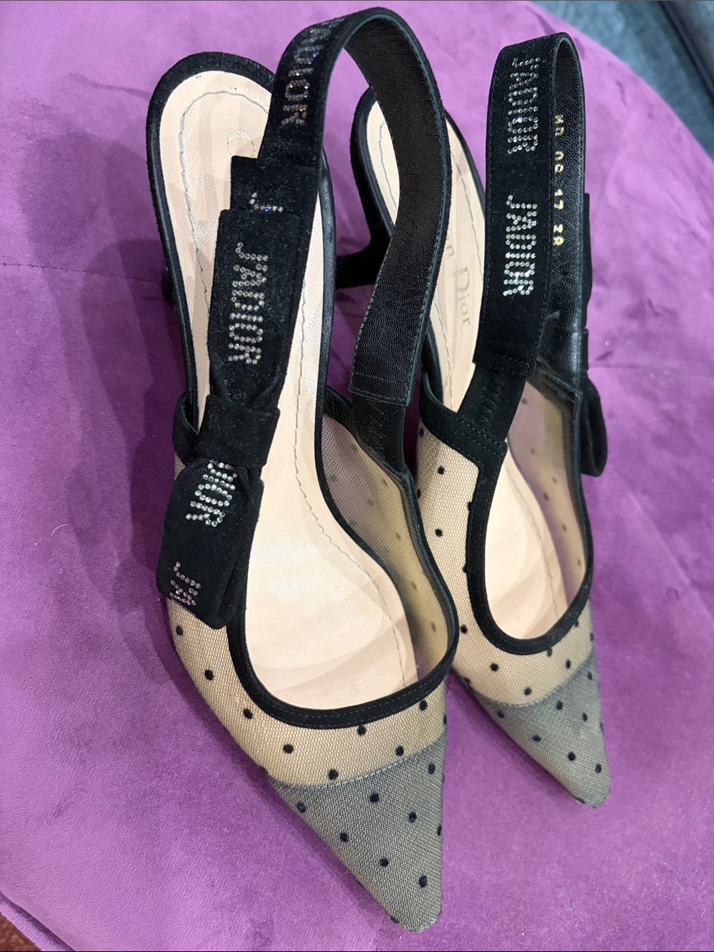 Dior Black Polka Dot Mesh Slingback Kitten Heels